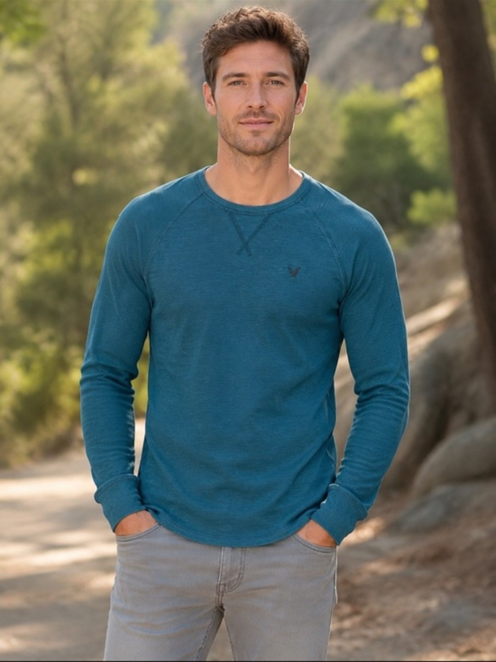 American Eagle Men’s Large Teal Long Sleeve Thermal Henley Style Shirt